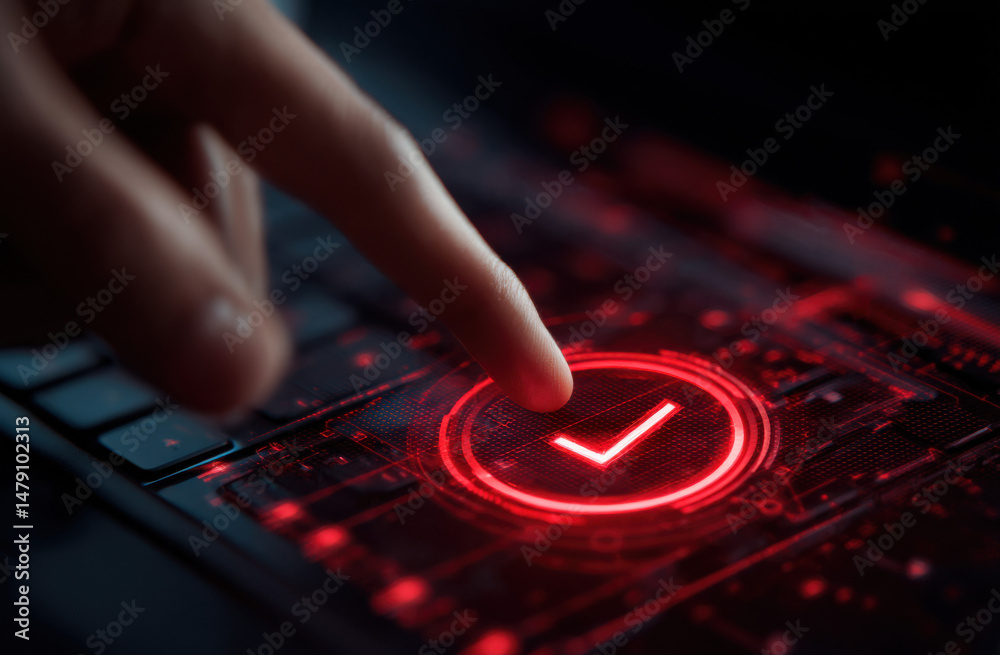 Poster Fingertip Approaching Red Illuminated Checkmark on Futuristic Tech Interface : Generative AI