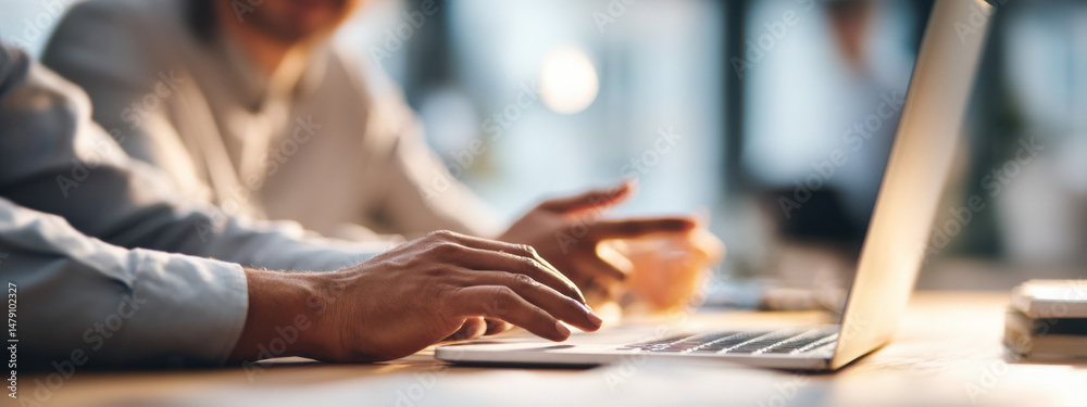 Aufkleber close-up of hands typing on a laptop keyboard, with a blurred background of a person in a business s