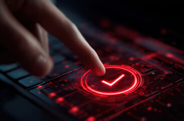 Fingertip Approaching Red Illuminated Checkmark on Futuristic Tech Interface : Generative AI