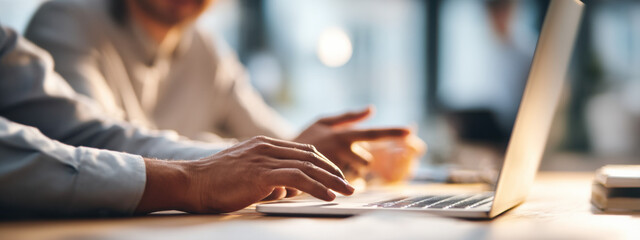 Close-up of hands typing on a laptop keyboard, with a blurred background of a person in a business setting.  The image conveys productivity, teamwork, and modern office life. : Generative AI