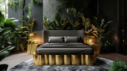 Bed between gold side tables in grey bedroom with plants