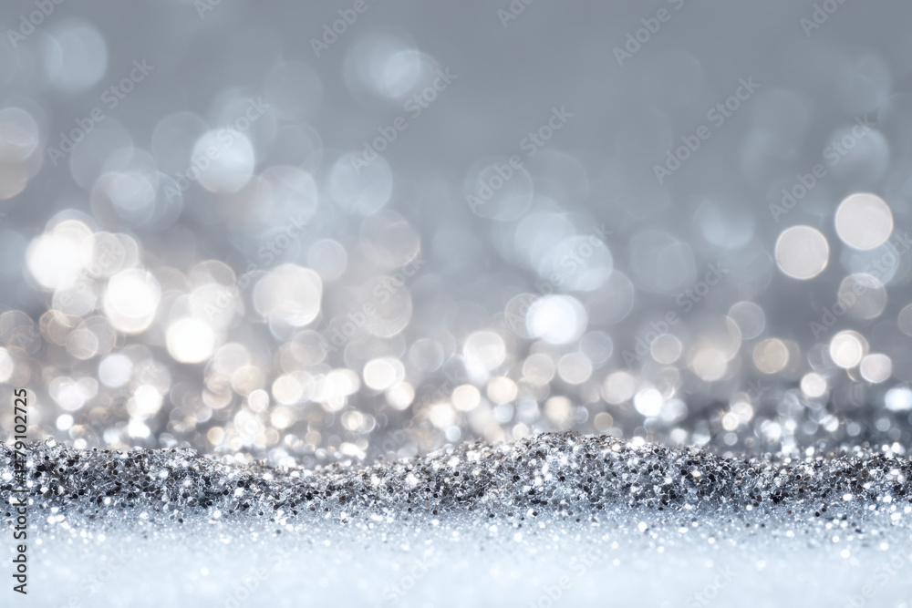 Aufkleber Silver glitter texture with bokeh lights, ideal for festive backgrounds or elegant designs.  Sparkling, shimmering particles create a luxurious and glamorous feel. : Generative AI