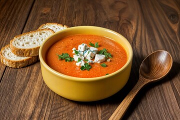 appetizing scene bowl soup likely tomato soup set wooden table concept apetitosa escena tazón sopa probable sopa de tomate conjunto mesa de madera concepto scène appétissante bol de soupe çorba
