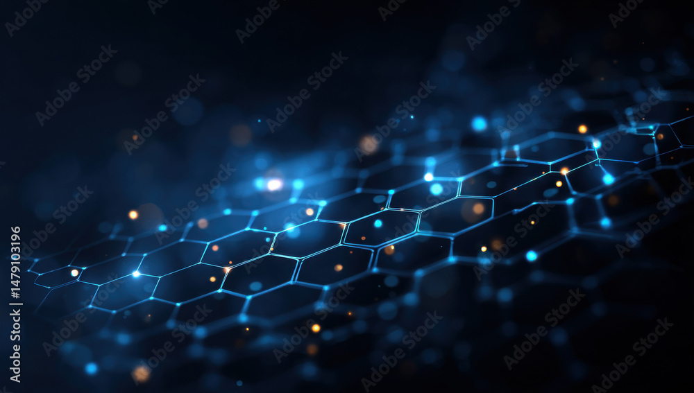 Poster abstract digital network background with glowing blue hexagons and orange sparks, ideal for technolo