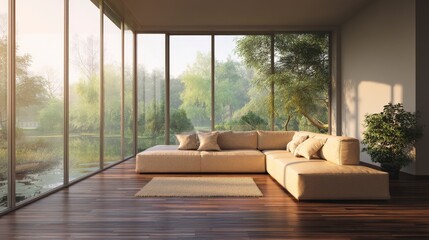 Fototapeta premium 3D Render of a Cozy Modern Living Room with Beige L-Shaped Sofa and Natural Light