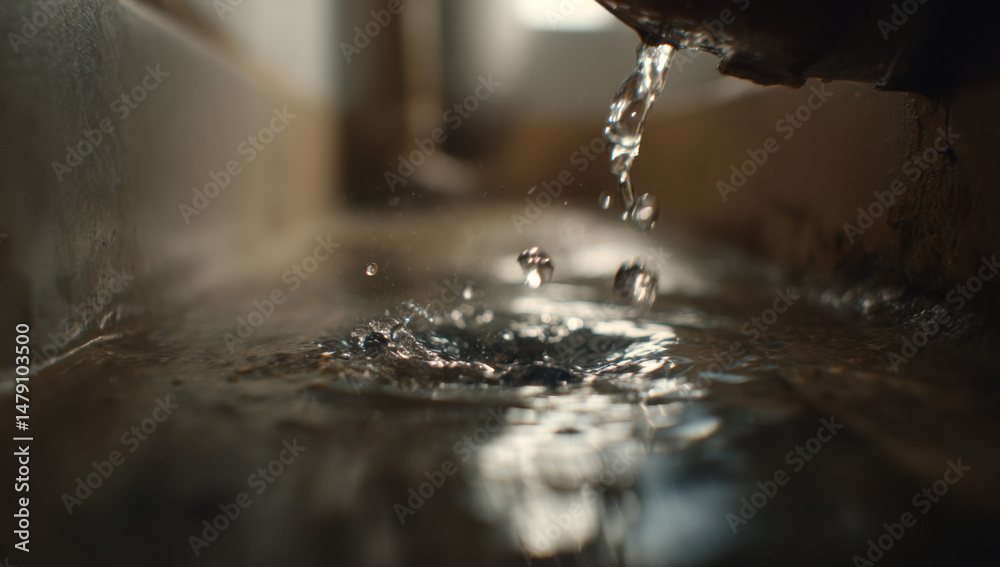 Leinwandbilder Close-up view of water droplets falling into a basin, creating ripples and splashes. The water is clear and reflects light, showcasing the texture and movement of the liquid. : Generative AI