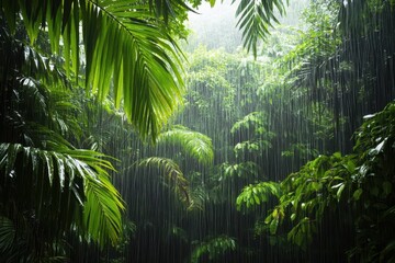 Naklejka premium Fresh green rainforest vegetation thriving under rainfall in a tropical environment, Fresh green vegetation of rainforest under rain in jungle Tropical climate