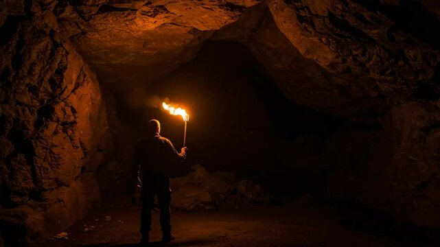 an explorer carries a torch at night through an ancient cave