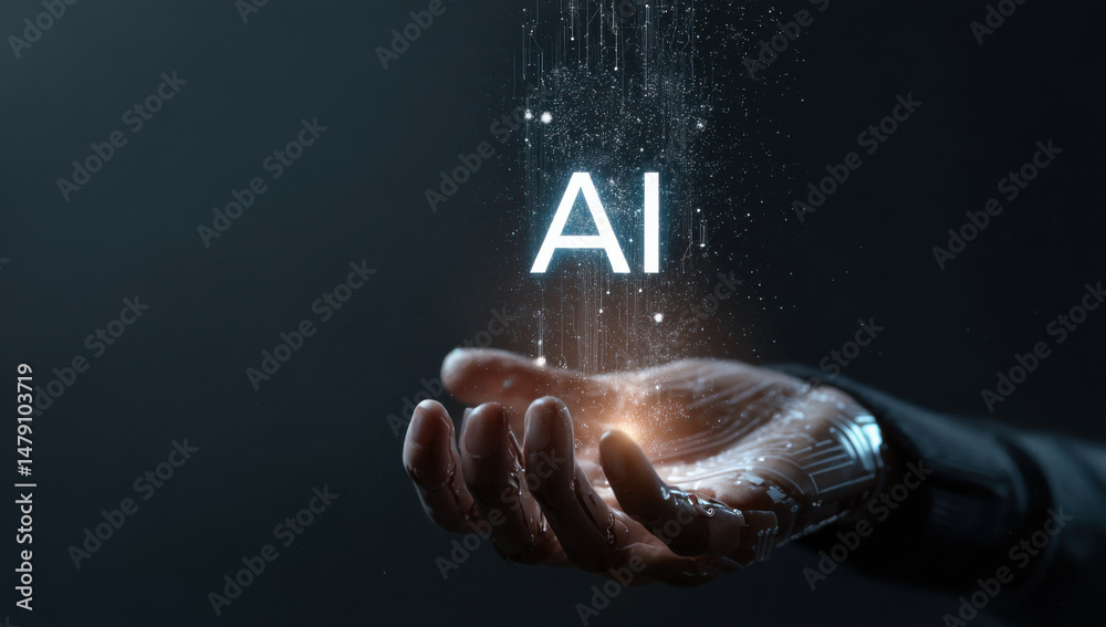 Poster robotic hand gently cradles glowing ai letters, digital particles falling, dark background, futurist
