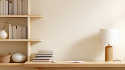 Modern minimalist home office desk setup with wooden shelves, books, lamp, and beige wall.  Clean and calming workspace aesthetic. : Generative AI