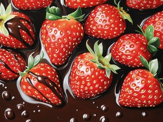 Strawberries in Chocolate Close-Up, Sweet Treat Indulgence, Delicious Dessert, Dark Chocolate Background, Artistic Food Photography, Top View