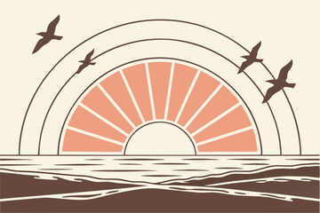 Minimalist Sunset Ocean Vector Illustration with Flying Birds, Abstract Geometric Beach Landscape for Modern Interior Design Generative ai