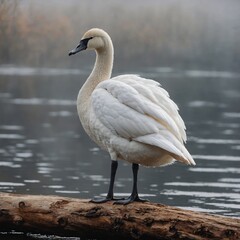 Obraz premium Trumpeter Swan bird on piece of wood