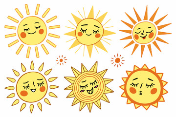 Cute Cartoon Sun Faces Collection with Happy Expressions, Vector Yellow Sun Emoji Set for Children's Books and Summer Designs Generative ai