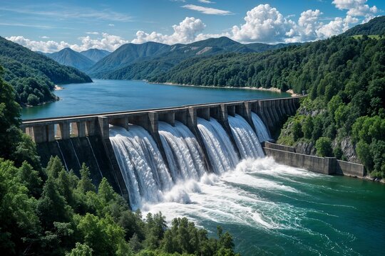 a picturesque scene of a dam in a natural landscape concept una pintoresca escena de una presa en un paisaje natural concepto scène pittoresque d'un barrage dans un paysage naturel concept baraj