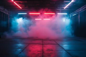 Fototapeta premium Dramatic vaporous scene illuminated by red and blue neon lighting in an industrial space