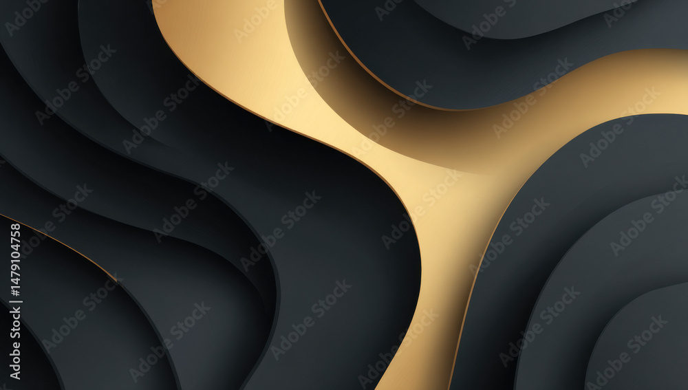 Poster abstract background with elegant, flowing, dark-grey and gold curves, creating a luxurious and sophi