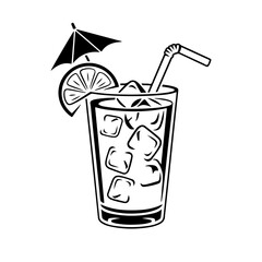 Illustration of cocktail in vintage monochrome style. Design element for logo, label, sign, poster, card, badge. Vector illustration