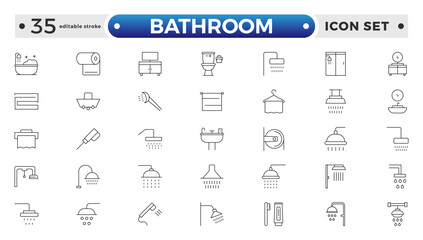 Bathroom outline icons. Editable Stroke. Shower, bath, toilet, bidet, mirror, water tap. Laundry and garbage basket. Cosmetics shampoo comb cream. Toilet paper napkins. Editable stroke outline icon.
