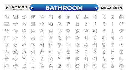 Bathroom outline icons. Editable Stroke. Shower, bath, toilet, bidet, mirror, water tap. Laundry and garbage basket. Cosmetics shampoo comb cream. Toilet paper napkins. Editable stroke outline icon.
