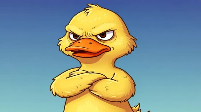 Pixelated Yellow Duck with Angry Expression and Folded Arms Against Blue Sky Background
