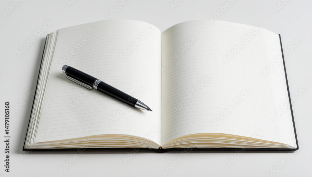 Poster Open lined notebook with a black pen resting on the pages, ready for writing or note-taking.  Clean, minimalist workspace concept. : Generative AI