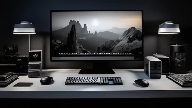 Dark room workspace with computer display.