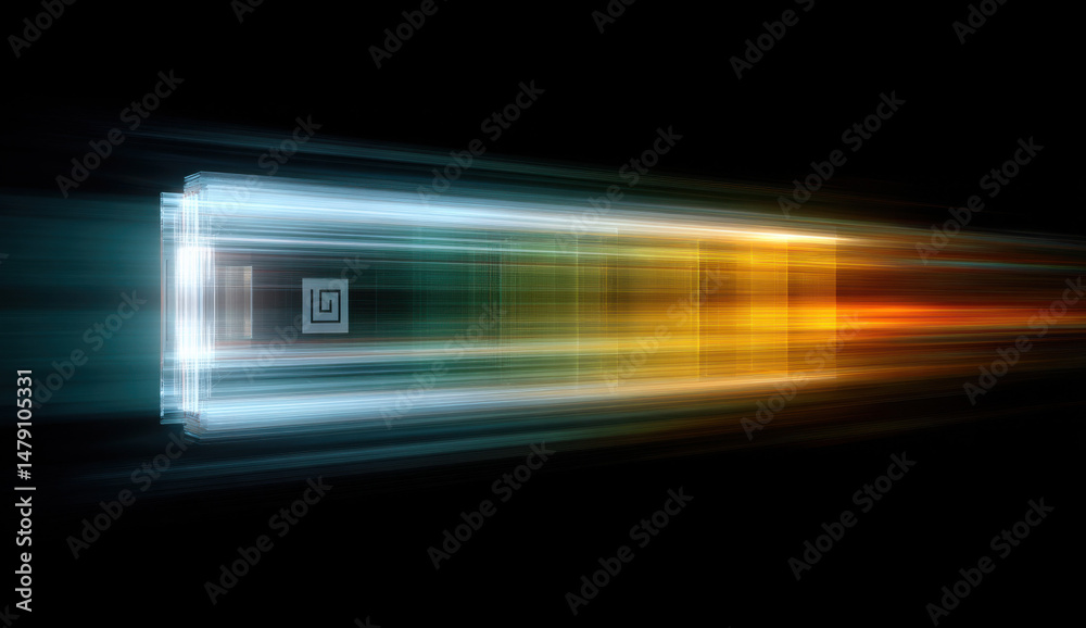 Poster abstract digital data stream, glowing lines and geometric shapes, high-speed motion blur effect, vib