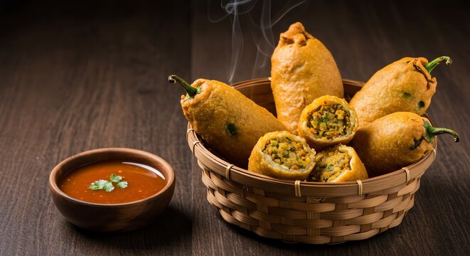 Crispy Mirchi Bhaji: Golden-Fried Chili Pakoras in Rustic Basket