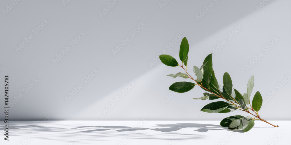 Poster Elegant green branch with leaves casts shadows on a minimalist grey background, creating a serene and natural scene perfect for product displays or branding. : Generative AI