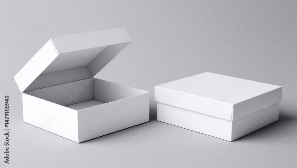 Poster two blank white cardboard boxes, one open and one closed, on a gray background. perfect for product 