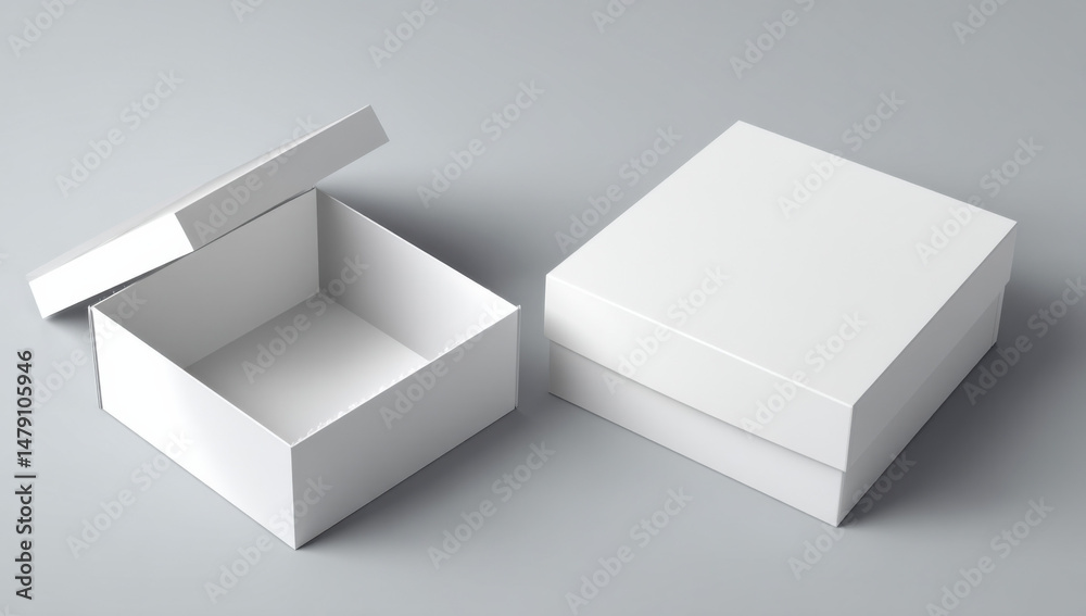 Poster two blank white square boxes, one open and one closed, on a gray surface. perfect for product packag