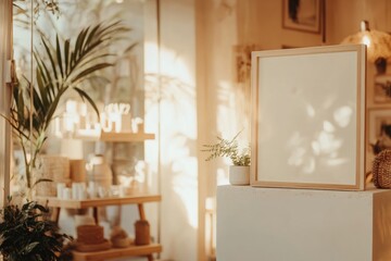 Elegant glass shop window with mockup display for branding design
