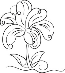 Obraz premium Elegant Black Line Art Flower Illustration with Swirls and Leaves