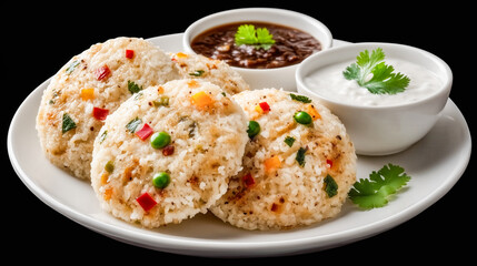 Vegetable Idli: Captivating visual that presents delicious idli, a traditional South Indian savory cake, arranged on a plate alongside two distinctive accompaniments.