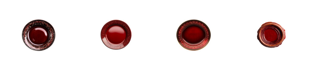 Burgundy ornamental plates, various designs, top view, isolated, cut out transparent