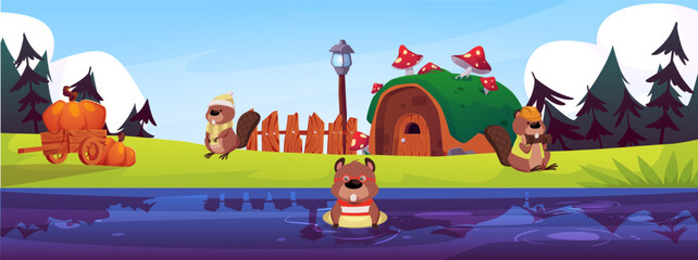 Cute beaver family wildlife on nature landscape, house with fly agaric, cart with pumpkins vector flat illustration © sabelskaya