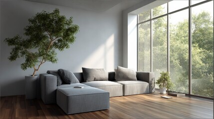 3D Interior Render of a Modern Cozy Loft Living Room with Gray Linen Sofa and Bright Decor