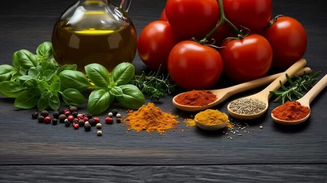 Fresh tomatoes with olive oil and various spices on a dark wooden table ready for cooking