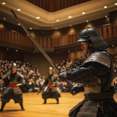 Naklejka premium Two armored samurai engaged in sword combat in indoor arena, wearing traditional protective gear including helmets and face masks, audience blurred in background. Generative by AI.