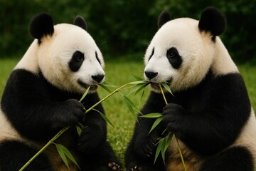 Fototapeta premium Pandas eating bamboo together peacefully.