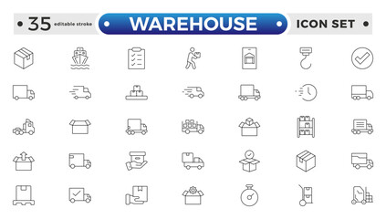 Warehouse service outline icon set. Containing order tracking, delivery home, delivery , truck, scooter, courier and cargo icons. Shipping symbol. Editable stroke outline icon.
