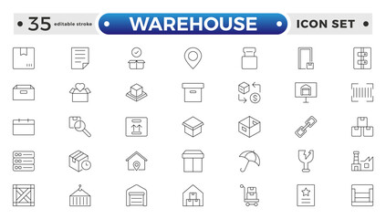 Warehouse service outline icon set. Containing order tracking, delivery home, delivery , truck, scooter, courier and cargo icons. Shipping symbol. Editable stroke outline icon.
