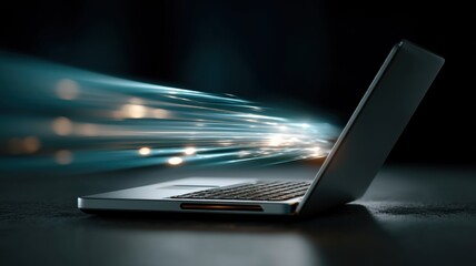 A sleek laptop with glowing data streams entering the screen, symbolizing high-speed internet or digital connectivity.