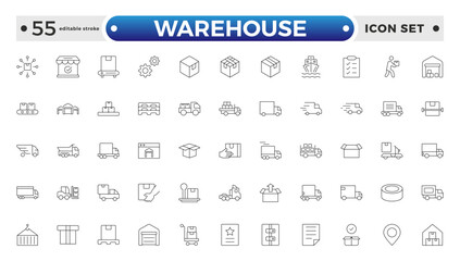 Warehouse service outline icon set. Containing order tracking, delivery home, delivery , truck, scooter, courier and cargo icons. Shipping symbol. Editable stroke outline icon.
