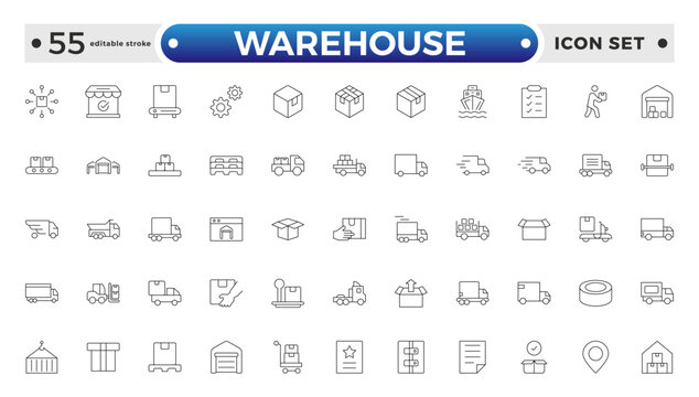 Warehouse service outline icon set. Containing order tracking, delivery home, delivery , truck, scooter, courier and cargo icons. Shipping symbol. Editable stroke outline icon.

