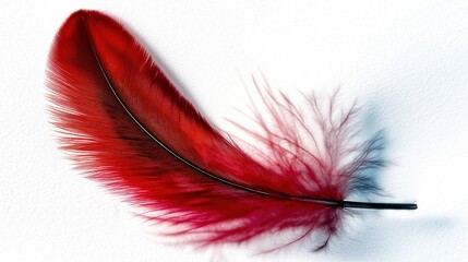 A single, vibrant red feather lies gracefully on a plain white surface.