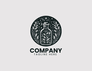 Intricate Magic Potion Bottle with Plants and Stars Vector Logo Design, Detailed Magic Elixir Bottle Plants Stars Vector Logo, , Ornate Magic Potion Bottle Herbs Stars Illustration Logo