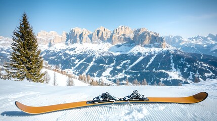 Skis on snow with mountain backdrop, sunny day. Snowy peaks and evergreen trees