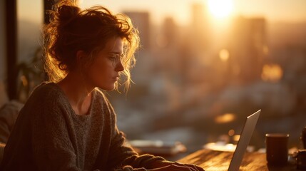 Obraz premium Sunlit home office where woman finishes report on sleek laptop